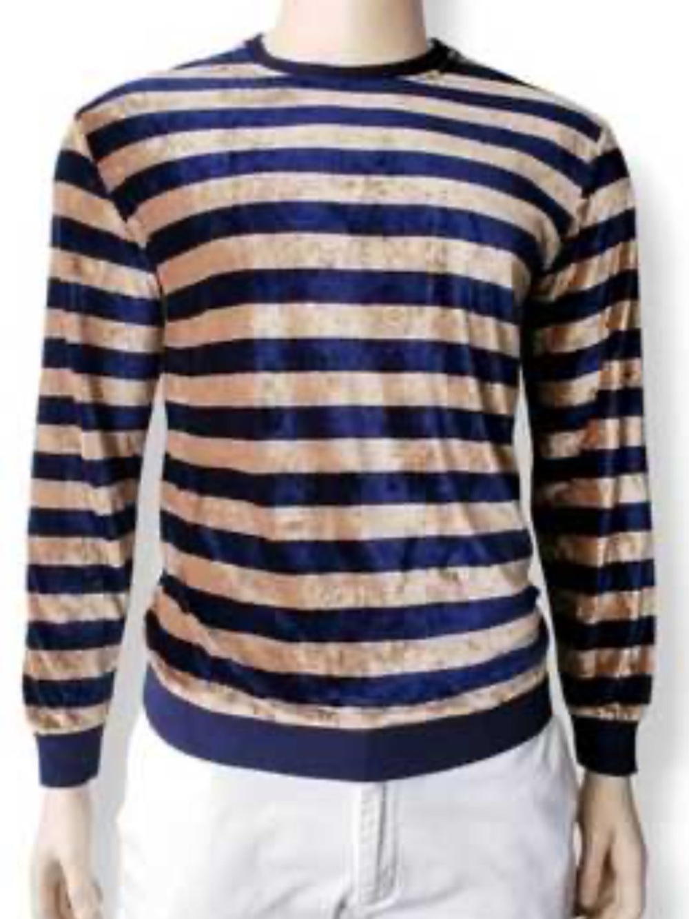 Zara Man Navy and Gold Striped Velvet Sweater